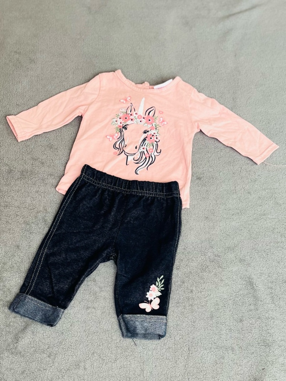 Little Lass Pink Unicorn Floral Top with Navy Leggings